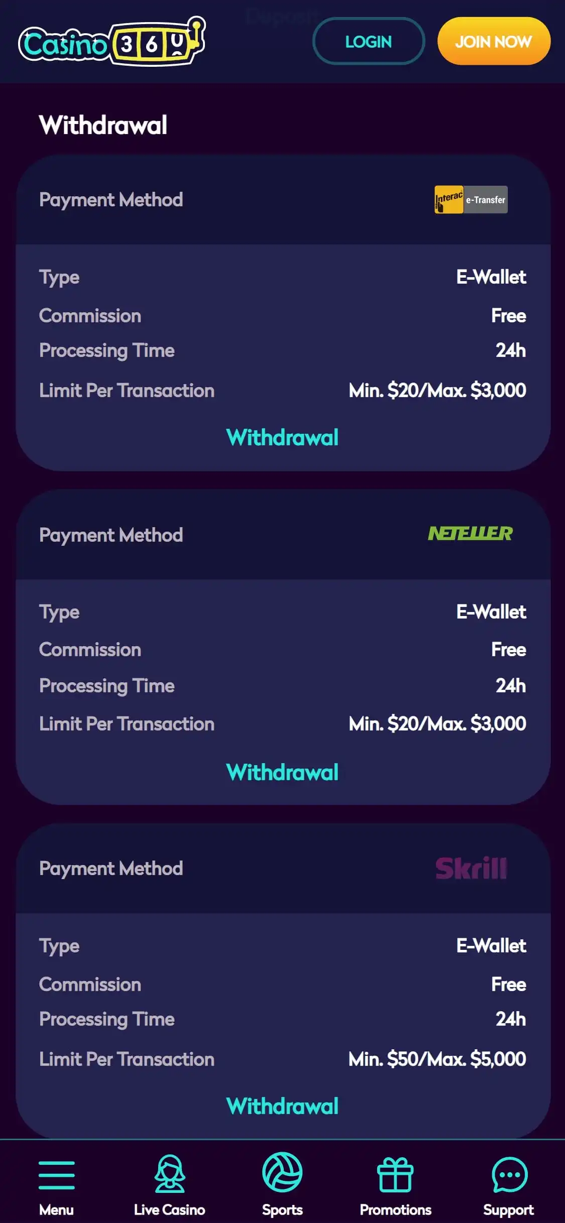 Casino360 Mobile Payment Methods Review