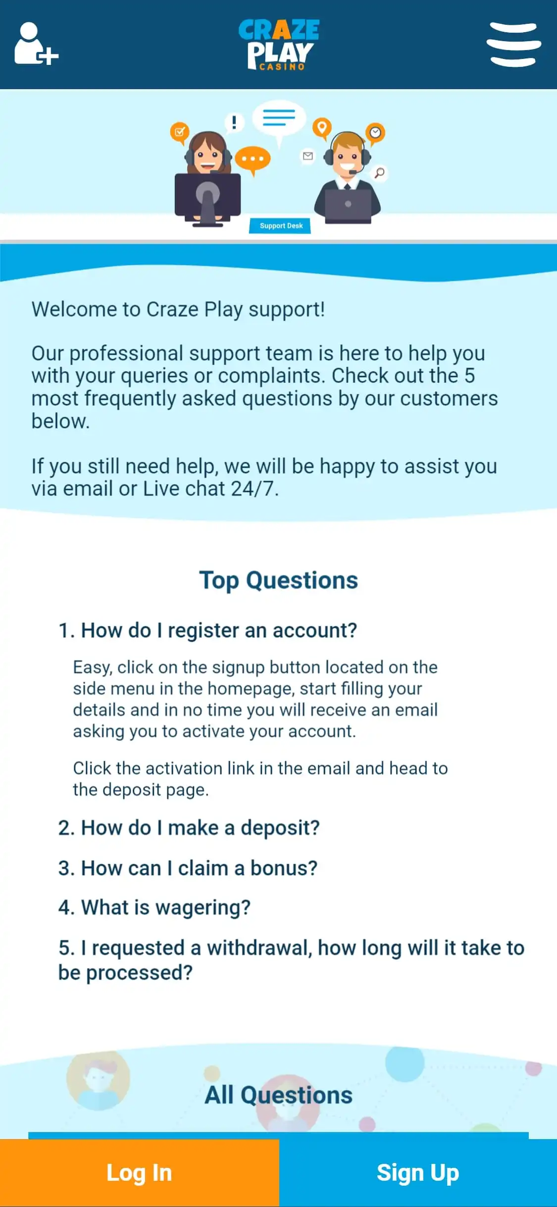 CrazePlay Casino Mobile Support Review