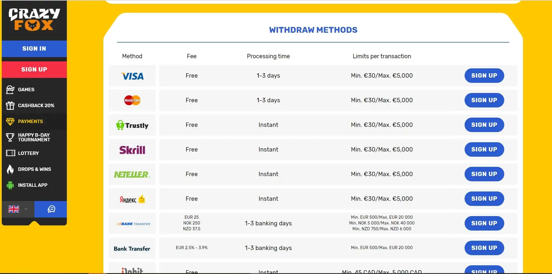 Crazy Fox Payment Methods