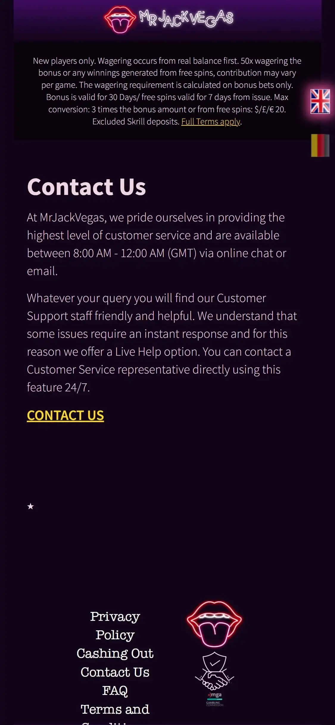 MrJackVegas Casino Mobile Support Review