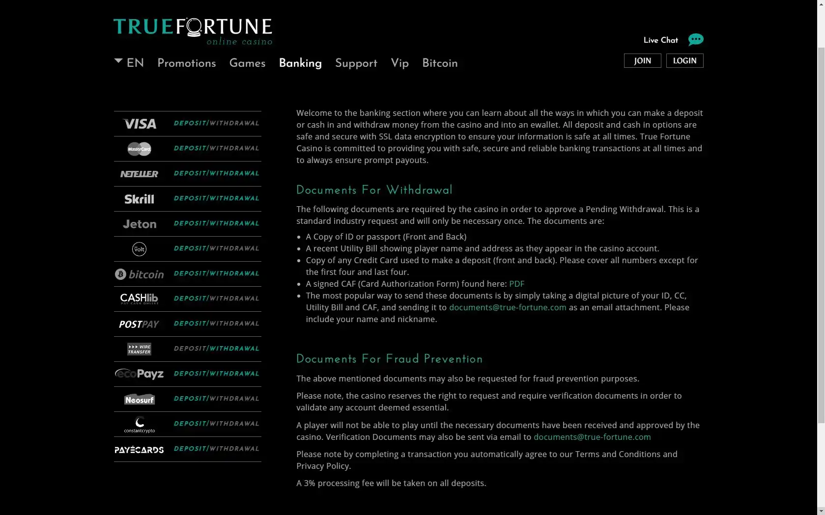 True Fortune Casino Payment Methods